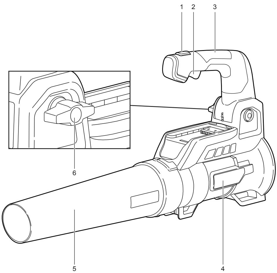 Technical diagram of a handheld device with numbered parts and an inset close-up view of the component.
