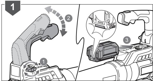 Diagram illustrating robotic arm operation with numbered steps and a close-up of a device's motion, labeled 1, 2, and 3.