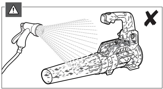 Safety warning illustration showing a spray gun spraying water onto a cylindrical device with warning symbols
