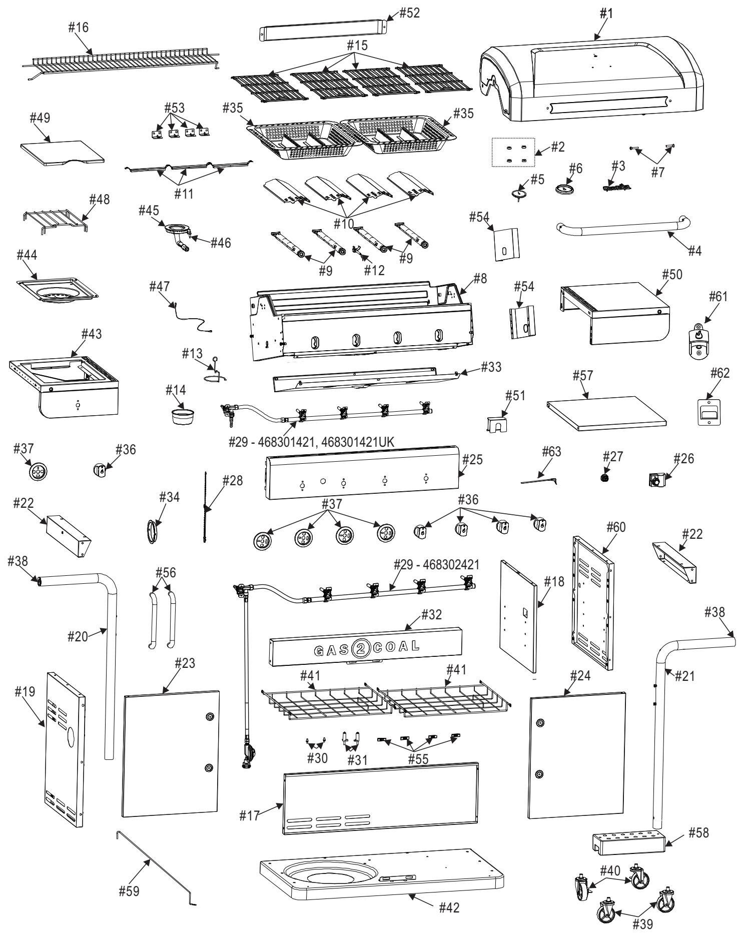 CHAR BROIL GAS2COAL - 468301421 - 468301421UK - 468302421 - PARTS LIST - 1