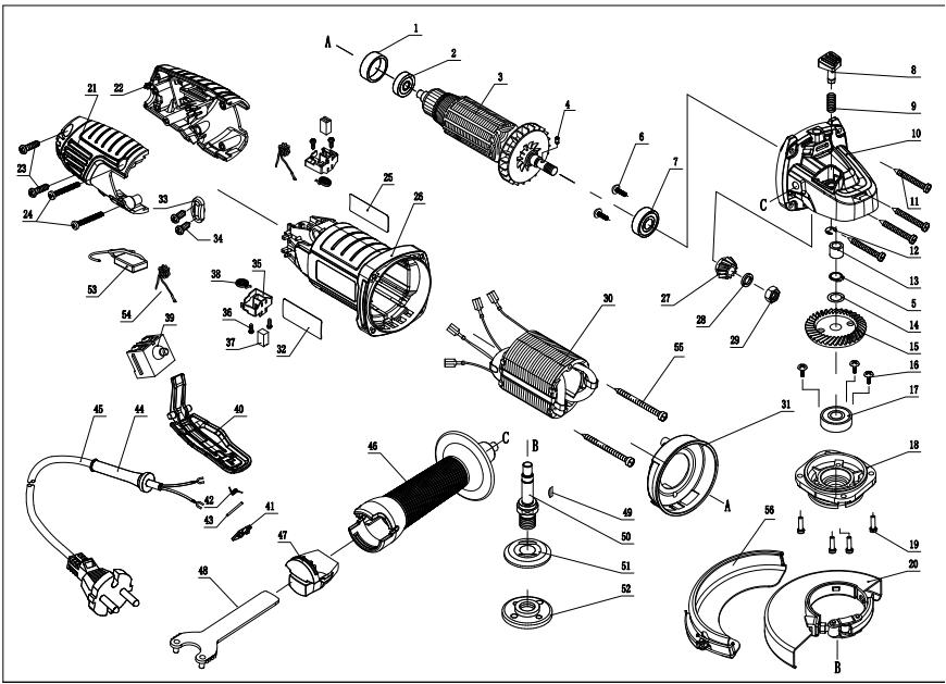 DEXTER 800AG2-125.5001 EAN CODE : 3276007726442 Angle Grinder - EXPLODED VIEW WITH PART LIST - 1