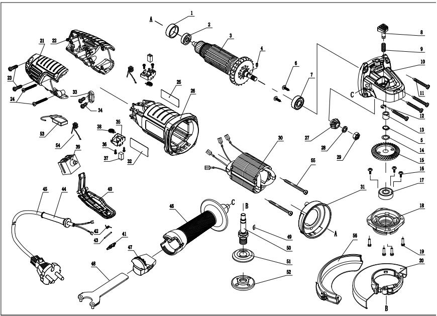 DEXTER 800AG2-125.5001 EAN CODE : 3276007726442 Angle Grinder - VISTA EXPLODIDA COM LISTA DE PEÇAS - 1