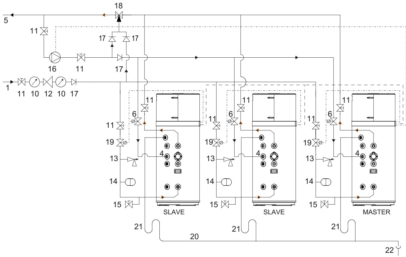 COINTRA OASIS TECH 200 LT - 260 LT - 200 LT-S - 260 LT-S - Exemplo de sistemas de agua COM valvula de mistura termostatica (recirculacao na conexao de recirculacao de agua da unidade) - 1