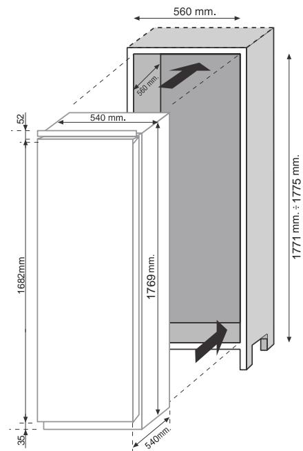 CANDY CM4S518EW - DIMENSIONS DU PRODUIT ET COMPARTIMENT ENCASTRE - 1