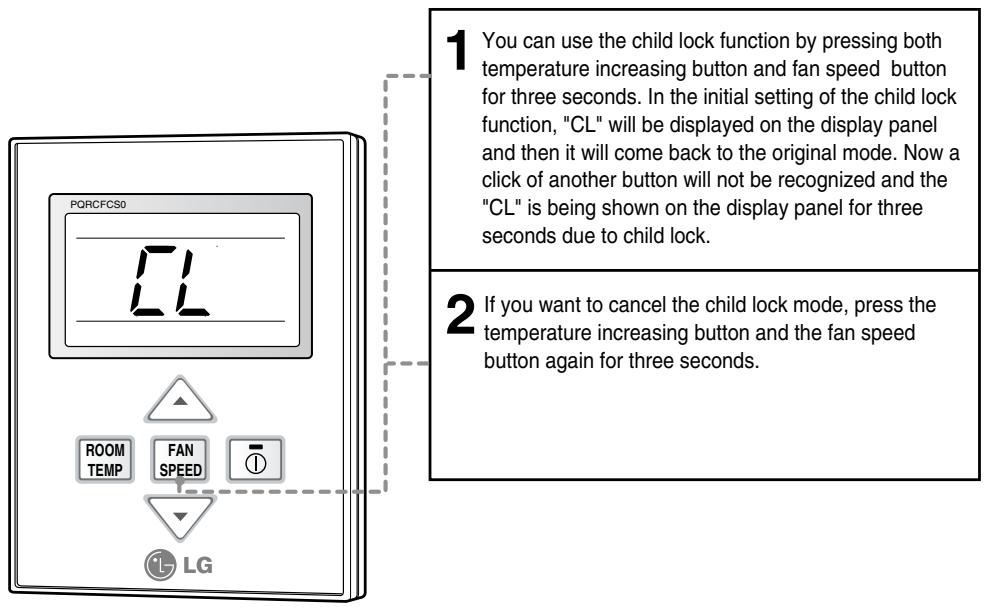 PORCFCS0 CL 1 You can use the child lock function by pressing both temperature increasing button and fan speed button for three seconds. In the initial setting of the child lock function, "CL" will be displayed on the display panel and then it will come back to the original mode. Now a click of another button will not be recognized and the "CL" is being shown on the display panel for three seconds due to child lock. 2 If you want to cancel the child lock mode, press the temperature increasing button and the fan speed button again for three seconds.