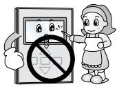 Cartoon illustration showing a woman and a child holding a device with a prohibition symbol, likely depicting a food safety or health risk.