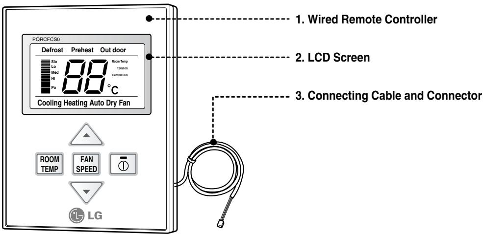 PQRCFCS0 Defrost Preheat Out door Sto Room Temp Lo Total on Med Central Run Hi Po °C Cooling Heating Auto Dry Fan 1. Wired Remote Controller 2. LCD Screen 3. Connecting Cable and Connector ROOM TEMP FAN SPEED LG