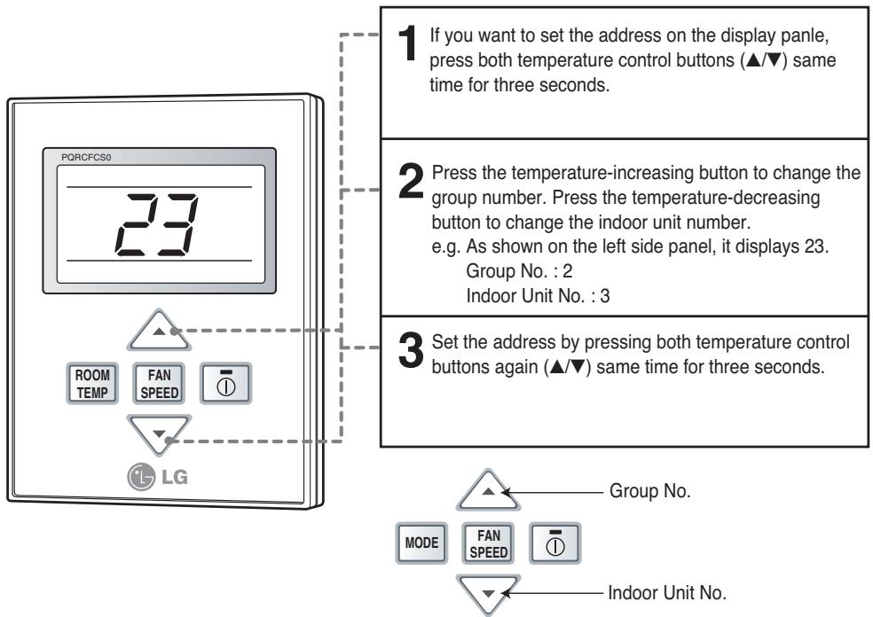 1 If you want to set the address on the display panle, press both temperature control buttons (▲/▼) same time for three seconds. 2 Press the temperature-increasing button to change the group number. Press the temperature-decreasing button to change the indoor unit number. e.g. As shown on the left side panel, it displays 23. Group No. : 2 Indoor Unit No. : 3 3 Set the address by pressing both temperature control buttons again (▲/▼) same time for three seconds. PQRCFC50 23 ROOM TEMP FAN SPEED - - LG Group No. MODE FAN SPEED - - Indoor Unit No.