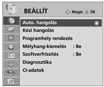 BEÁLLÍT Auto. hangolás Kézi hangolás Programhely rendezés Mélyhang-kiemelés : Be Szoftverfrissítés : Be Diagnosztika Cl-adatok