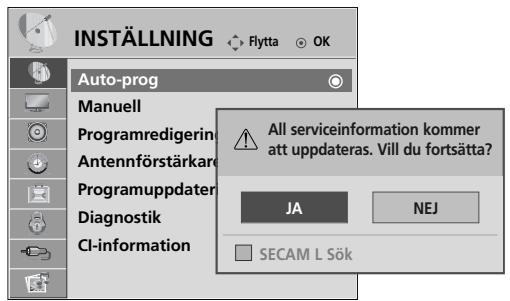 INSTALLING Auto-prog Manuell Programredigerin Antennförstärkare Programuppdater Diagnostik CI-information All serviceinformation kommer att uppdateras. Vill du fortsätta? JA NEJ SECAM L Sök