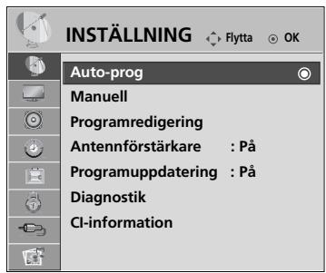 INSTALLING Flytta OK Auto-prog Manuell Programredigering Antennförstärkare : På Programuppdatering : På Diagnostik CI-information