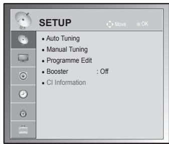SETUP • Auto Tuning • Manual Tuning • Programme Edit • Booster : Off • CI Information