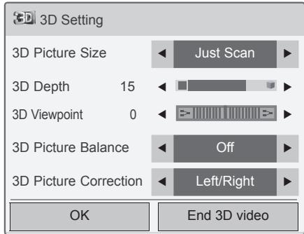3D Setting 3D Picture Size Just Scan 3D Depth 15 3D Viewpoint 0 3D Picture Balance Off 3D Picture Correction Left/Right OK End 3D video