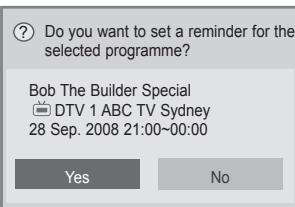 Do you want to set a reminder for the selected programme? Bob The Builder Special DTV 1 ABC TV Sydney 28 Sep. 2008 21:00~00:00 Yes No