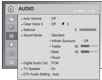 AUDIO • Auto Volume : Off • Clear Voice II : Off 3 • Balance 0 • Sound Mode : Standard • Infinite Surround : Off • Treble 50 • Bass 50 • Reset • Digital Audio Out : PCM • TV Speaker : On • DTV Audio Setting : Auto