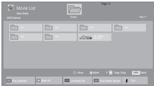 Movie List Mark Mode USB External Drive1 Page 1/1 001 002 003 004 005 006 007 Apple 008 Move Mark Page Charge MARK Mark Play Marked Mark All Unmark All Exit Mark Mode Exit