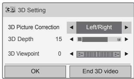 3D Setting 3D Picture Correction Left/Right 3D Depth 15 3D Viewpoint 0 OK End 3D video
