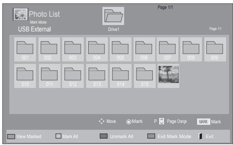Photo List Mark Mode USB External Drive1 Page 1/1 001 002 003 004 005 006 007 008 009 010 011 012 013 014 015 Move Mark P Page Change Mark Mark View Marked Mark All Unmark All Exit Mark Mode Exit