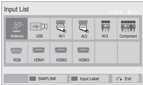 Input List Antenna USB AV1 AV2 AV3 Component RGB HDMI1 HDMI2 HDMI3 SIMPLINK Input Label Exit