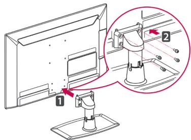 Technical diagram showing a monitor mounted on a stand with labeled parts and a magnified inset highlighting component 2.
