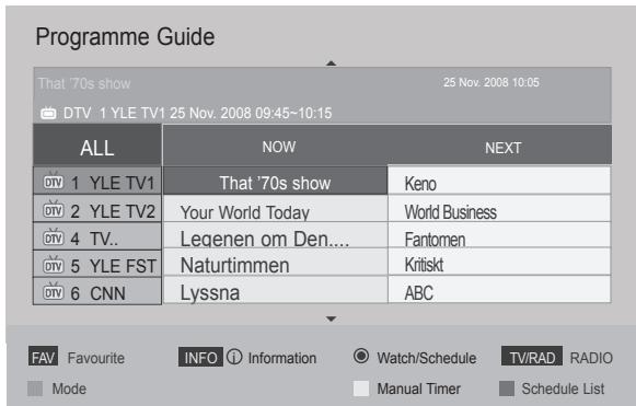 Programme Guide That '70s show 25 Nov. 2008 10:05 DTV 1 YLE TV1 25 Nov. 2008 09:45~10:15 ALL NOW NEXT TV 1 YLE TV1 That '70s show Keno TV 2 YLE TV2 Your World Today World Business TV 4 TV.. Legenen om Den.... Fantomen TV 5 YLE FST Naturtimmen Kritiskt TV 6 CNNLyssna ABC FAV Favourite INFO Information Watch/Schedule TV/RAD RADIO Mode Manual Timer Schedule List