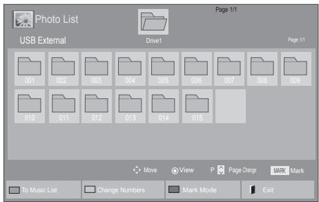 Photo List USB External Page 1/1 Drive1 Page 1/1 001 002 003 004 005 006 007 008 009 010 011 012 013 014 015 Move View Page Charge MARK Mark To Music List Change Numbers Mark Mode Exit