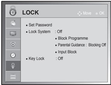 LOCK • Set Password • Lock System : Off • Block Programme • Parental Guidance : Blocking Off • Input Block • Key Lock : Off