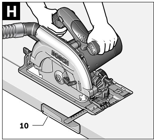 Mechanical assembly diagram of a Bosch cutting tool on a workbench, showing hands operating the cutter (no text or symbols present)