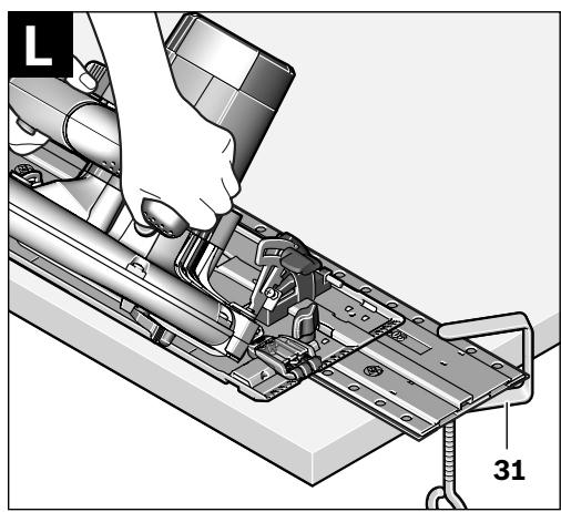 Mechanical assembly diagram showing a hand operating a workpiece with labeled component '31' (no text or symbols beyond label)