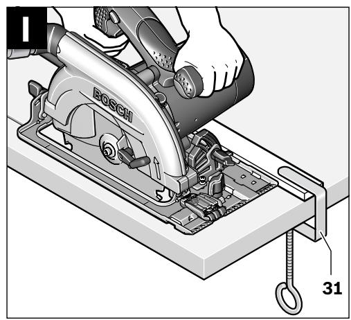 Mechanical assembly diagram showing a person using a Bosch circular cutter on a workbench, with a numbered component labeled '31' (no text or symbols beyond labels)