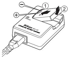 NIKON COOLPIX S1000PJ - Insert the battery into the battery charger by sliding the battery forward ①, and press down until it locks into place ②. - 1