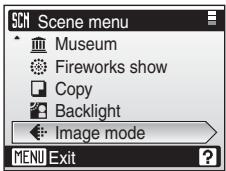 SCN Scene menu Museum Fireworks show Copy Backlight Image mode MENU Exit