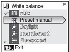 WB White balance AUTO Auto PRE Preset manual Daylight Incandescent Fluorescent MENU Exit