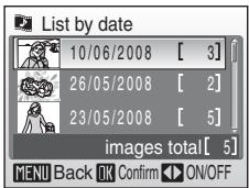 List by date 10/06/2008 [ 3] 26/05/2008 [ 2] 23/05/2008 [ 5] images total[ 5] MENU Back OK Confirm ON/OFF