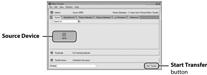 NIKON COOLPIX S570 - Confirm that the source device is displayed in the transfer options Source panel and click Start Transfer. - 1