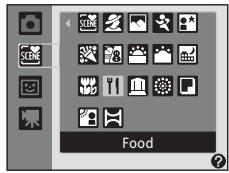 NIKON COOLPIX S570 - Press the button in shooting mode to display the shooting-mode selection menu and use the multi selector to select (Food) (33). - 2