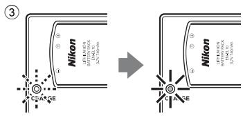 NIKON COOLPIX S570 - Insert the battery at an angle as shown (①), and set it in the battery charger (②). - 2