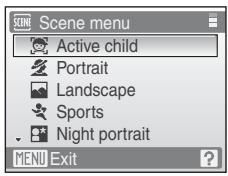 NIKON COOLPIX S600 - Use the rotary multi selector to choose Active child in the scene menu and press Ⓧ (34). - 1