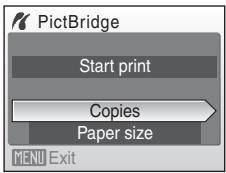 PictBridge Start print Copies Paper size MENU Exit