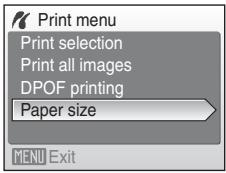 Print menu Print selection Print all images DPOF printing Paper size MENU Exit
