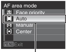 AF area mode Face priority Auto Manual Center MENU Exit