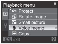 Playback menu Protect Rotate image Small picture Voice memo Copy MENU Exit
