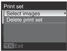 Print set Select images Delete print set MENU Exit