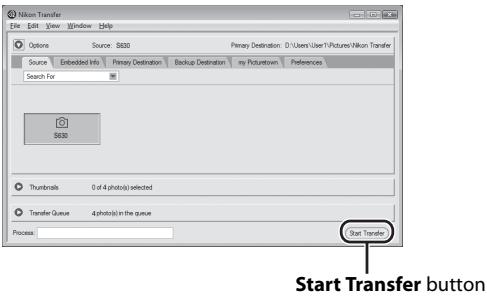 Nikon Transfer File Edit View Window Help Options Source: $630 Primary Destination: D:\Users\User1\Pictures\Nikon Transfer Source Embedded Info Primary Destination Backup Destination my Pictureown Preferences Search For $630 Thumbnails 0 of 4 photo(s) selected Transfer Queue 4 photo(s) in the queue Process Start Transfer button