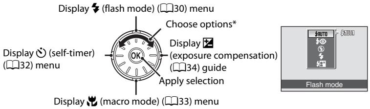 Display (flash mode) (30) menu Choose options* Display (self-timer) (32) menu Display (macro mode) (33) menu ( exposure compensation ) (34) guide Apply selection Display (flash mode)