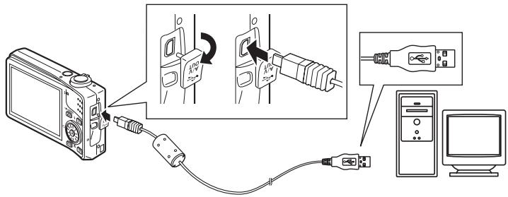 Diagram showing connection between a digital camera and computer via cable, with labeled components and wiring diagrams.