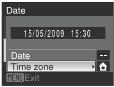 Date 15/05/2009 15:30 Date Time zone MENU Exit
