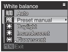 White balance AUTO Auto PRE Preset manual Daylight Incandescent Fluorescent MENU Exit