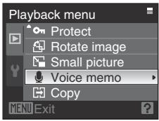 Playback menu Protect Rotate image Small picture Voice memo Copy MENU Exit