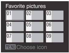 Favorite pictures 01 02 03 04 05 06 07 08 09 MENU Choose icon